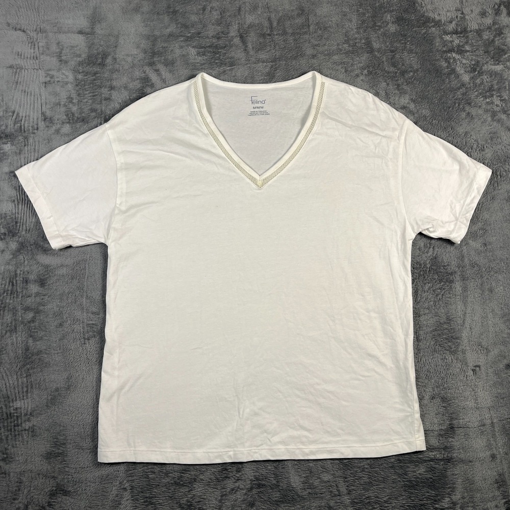 Felina Top Womens Medium White Crochet Trim Plunge V Neck Short Sleeve T-Shirt